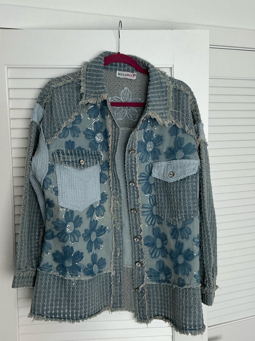 Bella Bella Light Blue Floral Patchwork Jean Jacket hippie boho sequins size LRG